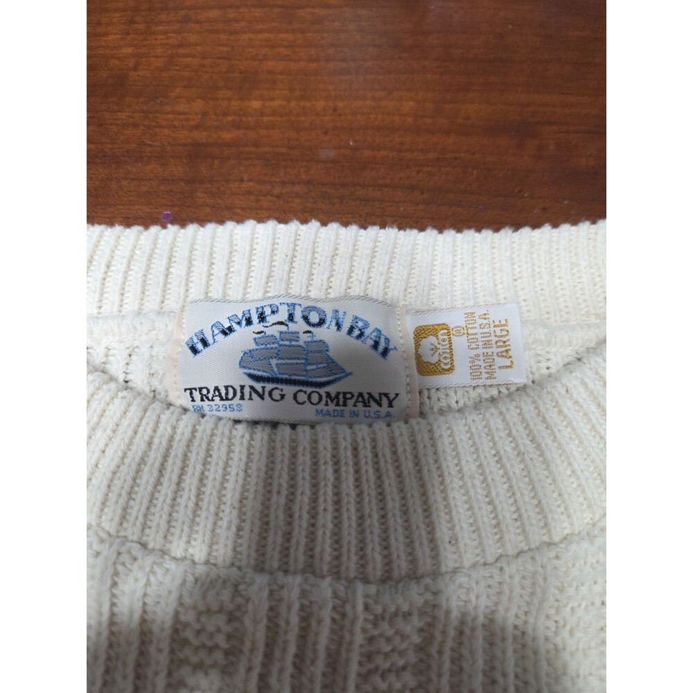 Hampton Bay Trading Co Vintage Sweater Large Cream White Ribbed Knit Cotton USA - Picture 2 of 5